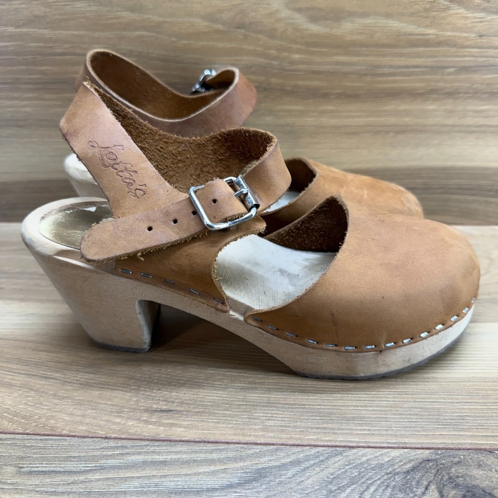 Lottas Swedish Clogs Mary Janes Womens 4.5 5 EU 35 Cognac Leather Heel